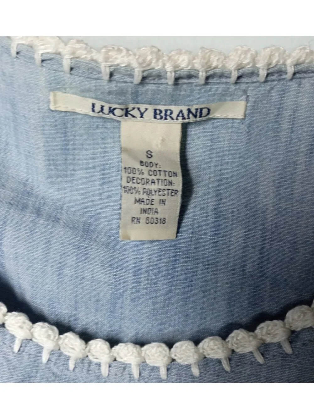 Lucky Brand Boho Embroidered Chambray Top S Cotton Crotchet Floral Peasant
